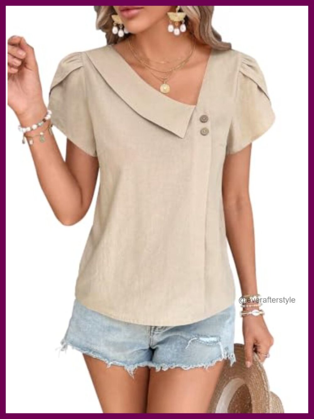 Womens Asymmetric V-Neck Blouse with Petal Sleeves Textured Linen-Like